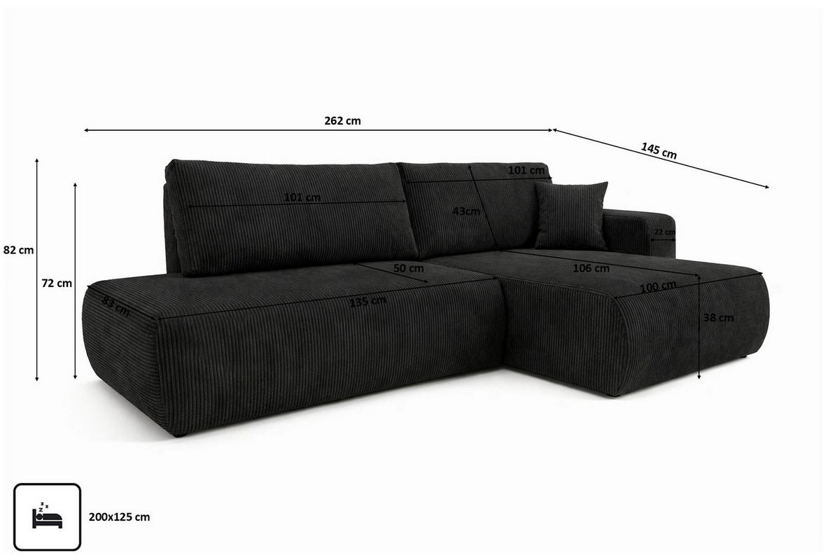 ECKSOFA Mit Schlaffunktion Und Bettkasten, Cordstoff Poso, Schwarz, Rechts, OPEN XL - Schwarz, Holz (262/145cm) - Kaiser Möbel