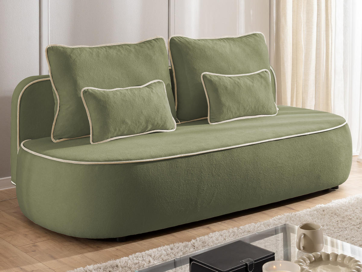 SCHLAFSOFA Vero im modernen und abgerundeten Design mit Bettkasten aus Olivgrün Plüschstoff mit beiger Paspel - Schwarz/Olivgrün, Holz/Kunststoff (210/90/98cm) - S-Style Möbel