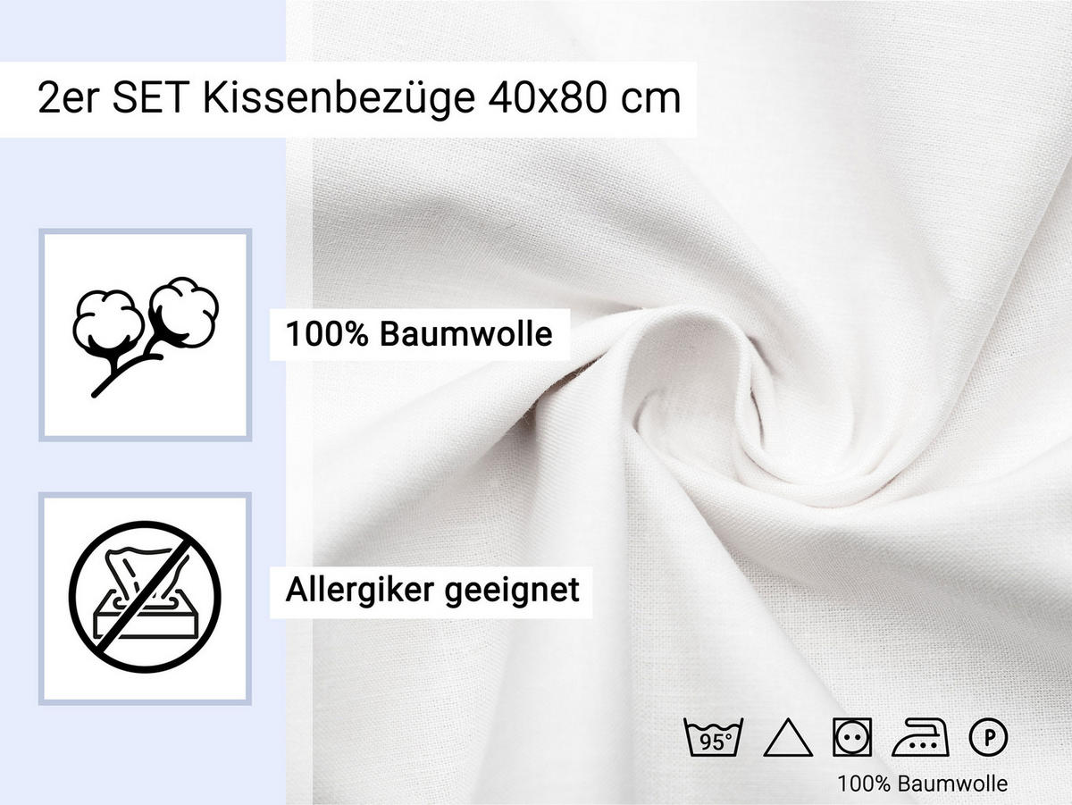 KISSENBEZUG, 2er-Set, 40x80 cm, 100% Baumwolle - Weiß, Textil (40/80cm) - Zollner