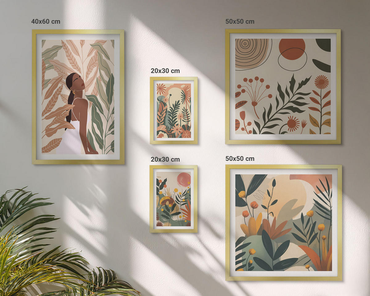 BILDER SET 5er Set - 50x50 cm & 20x30 cm & 40x60 cm Goldrahmen - Pflanzenmotive in Farben - Goldfarben, Kunststoff (40/60cm) - TULUP