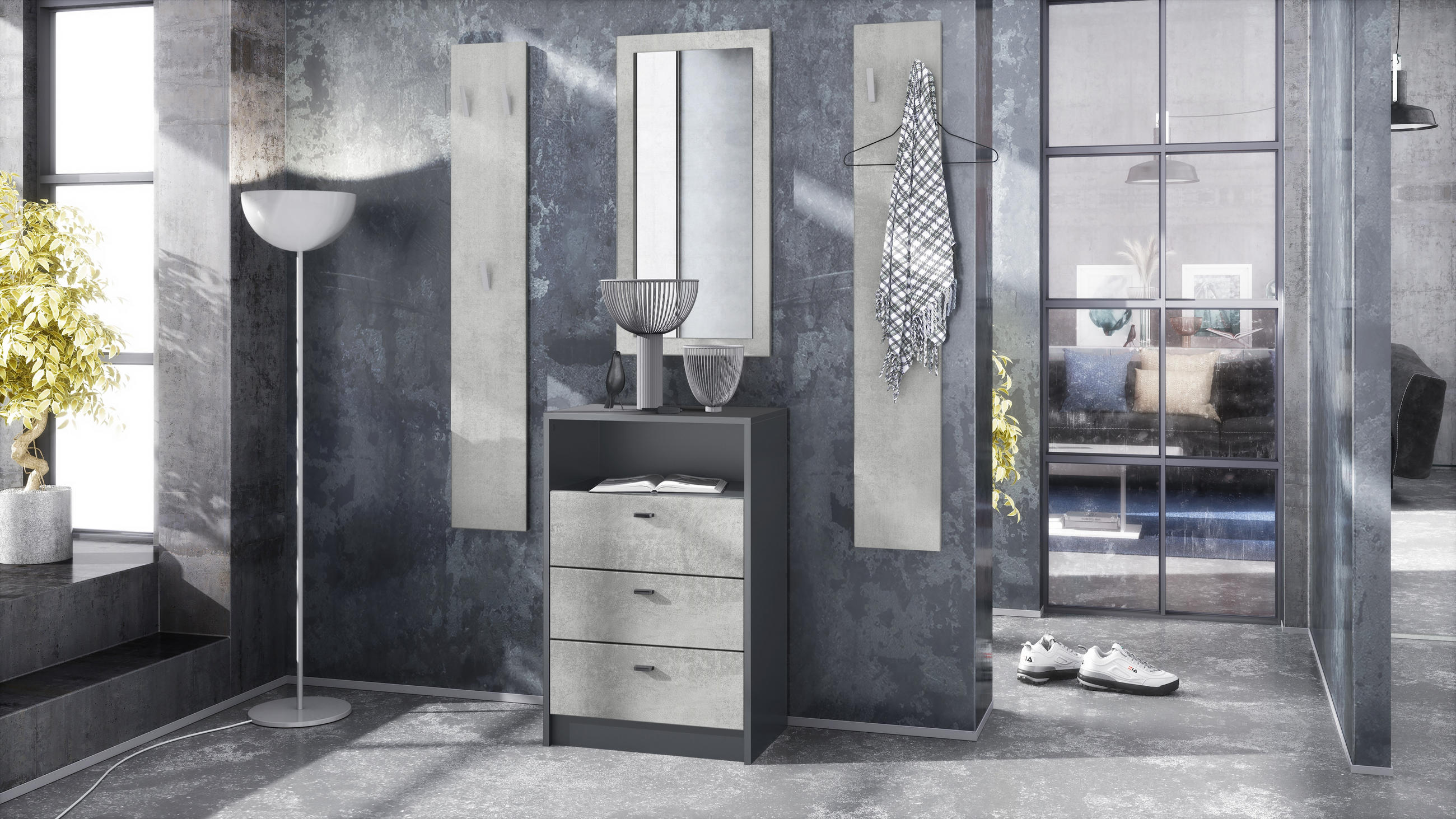 GARDEROBE Pino Beton Oxid Optik - Hellgrau, Holzwerkstoff (135/190/36cm) - Vladon
