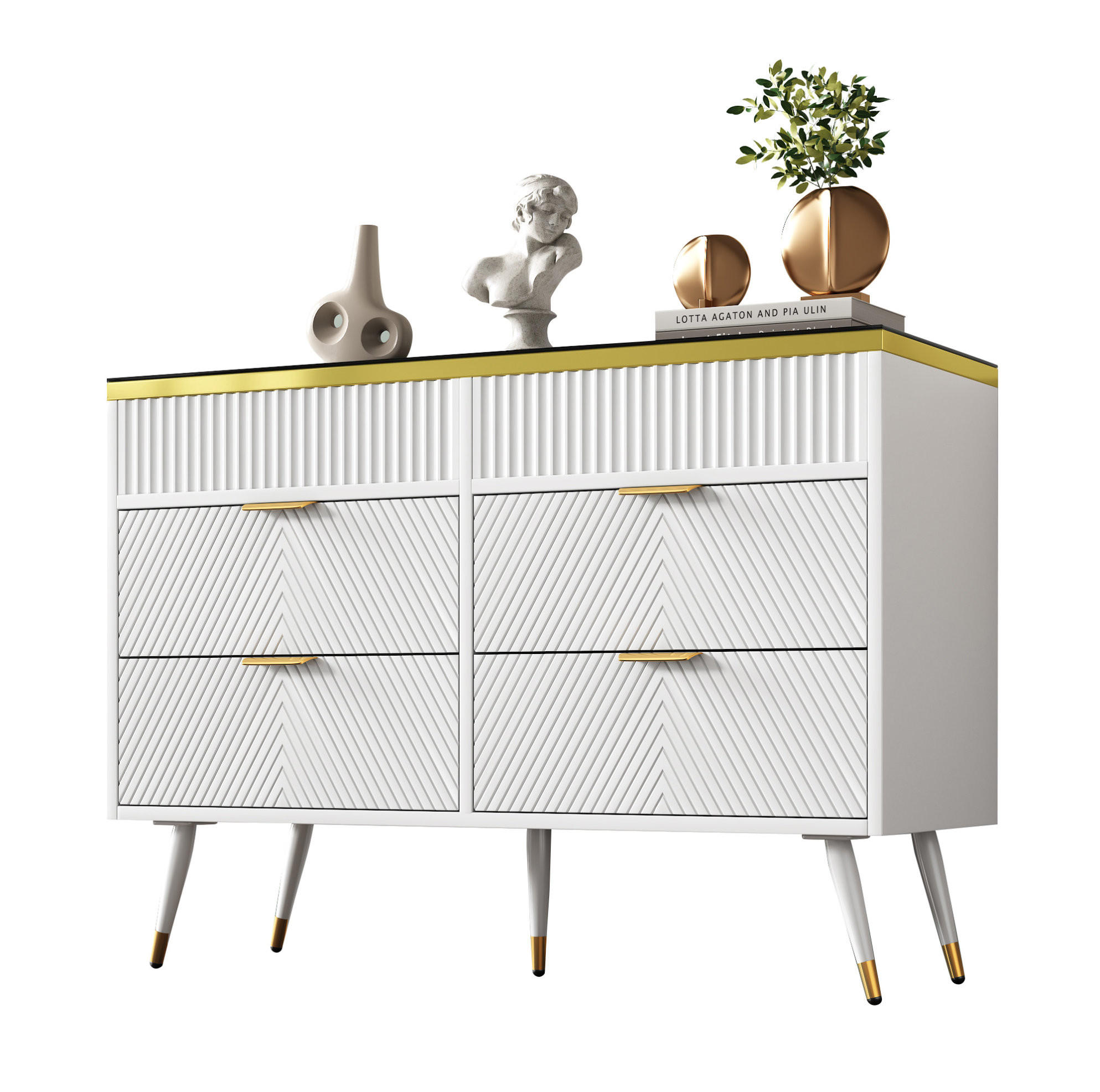 KOMMODE 120/40/76 cm mit 6 Schubladen und Metallfüßen - Weiß, Glas (120/76/40cm) - BEAOK