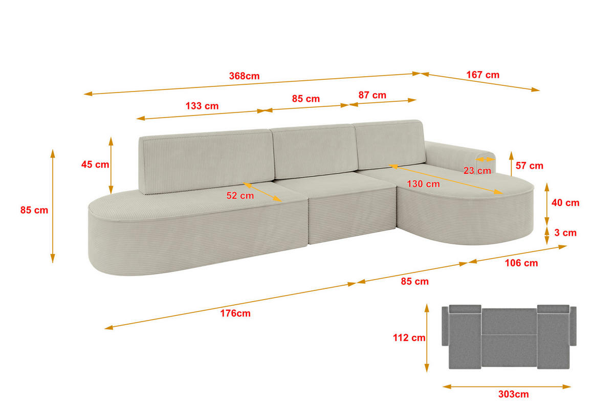 ECKSOFA mit Schlaffunktion Ottomane RECHTS MARI L2-S 368X167X85 Creme Cord - Creme/Schwarz, Holzwerkstoff/Kunststoff (167/368cm) - ALTDECOR