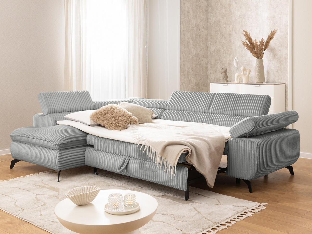 ECKSOFA mit Schlaffunktion und Bettkasten Bonnie aus Hellgrau Cord-Stoff mit verstellbaren Kopfstützen und Armlehne - Ottomane links - Hellgrau/Schwarz, Holz/Textil (275/210cm) - S-Style Möbel