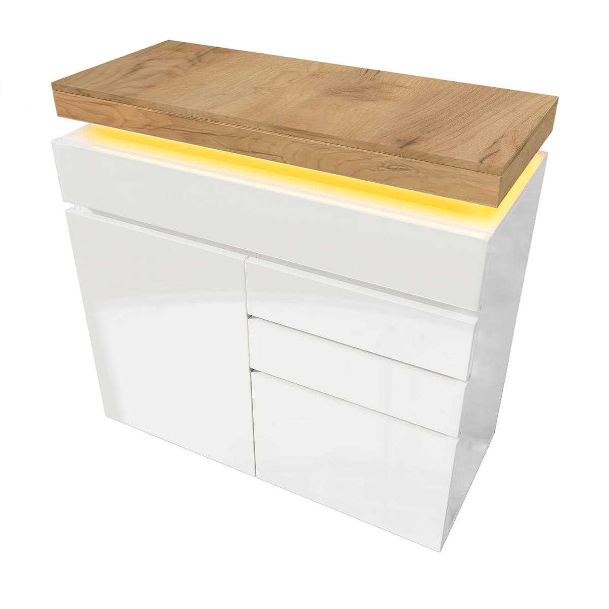 KUCHYŇSKÁ SKŘÍŇ bílá lesklá, zásuvky, LED osvětlení, do obývacího pokoje a ložnice, 110×39×115 cm - bílá, kompozitní dřevo (110/115/39cm) - STILVORA