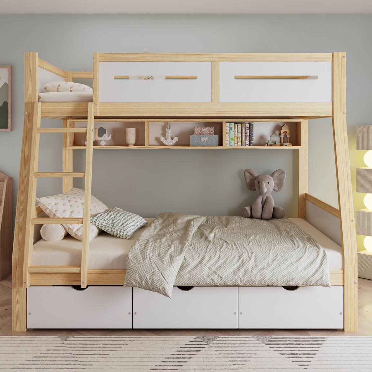 ETAGENBETT Kinderbett Weiß+Natur 90x200/120x200 - Naturfarben, Holz (90/200cm) - ComfortXL