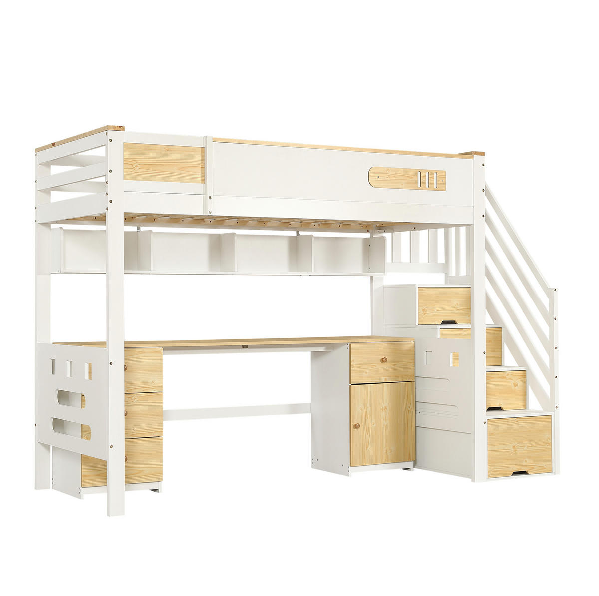 HOCHBETT 90x200 cm in Weiß/Natur mit Schreibtisch, Schubladen und Stauraumtreppe - Weiß, Holz (90/200cm) - IVMEU