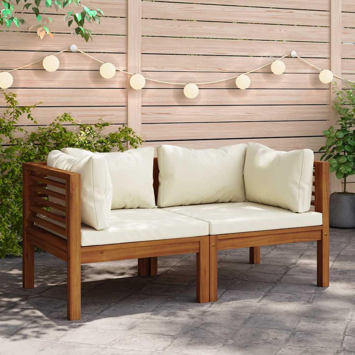 ECKSOFAS 2er Set Mit Cremeweissen Kissen Massivholz Akazie - Creme/Braun, Holz/Textil (69/62.5/69cm) - vidaXL