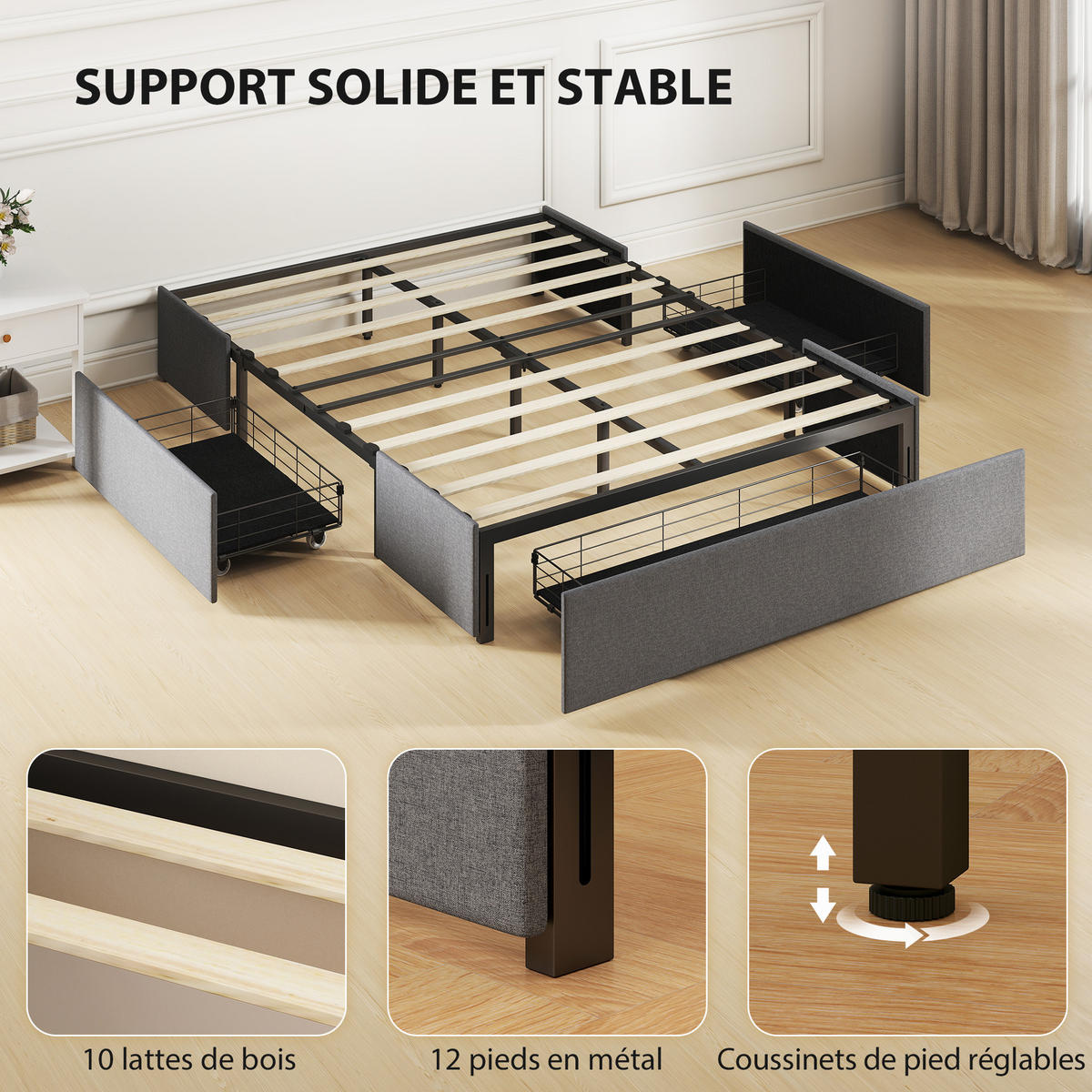 BETT 140x190 cm DE-14668 mit 3 Schubladen Grau - Grau, Metall (140/190cm) - ComfortXL