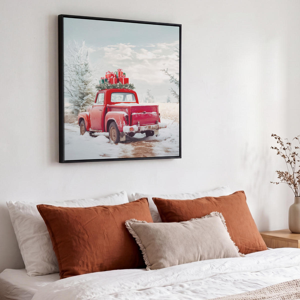 LEINWAND Bilder mit Rahmen - Auto - Rot - Geschenke - Winter - Schnee - Weihnachten - 50x50 - Rot, Textil (50/50cm) - MuchoWow