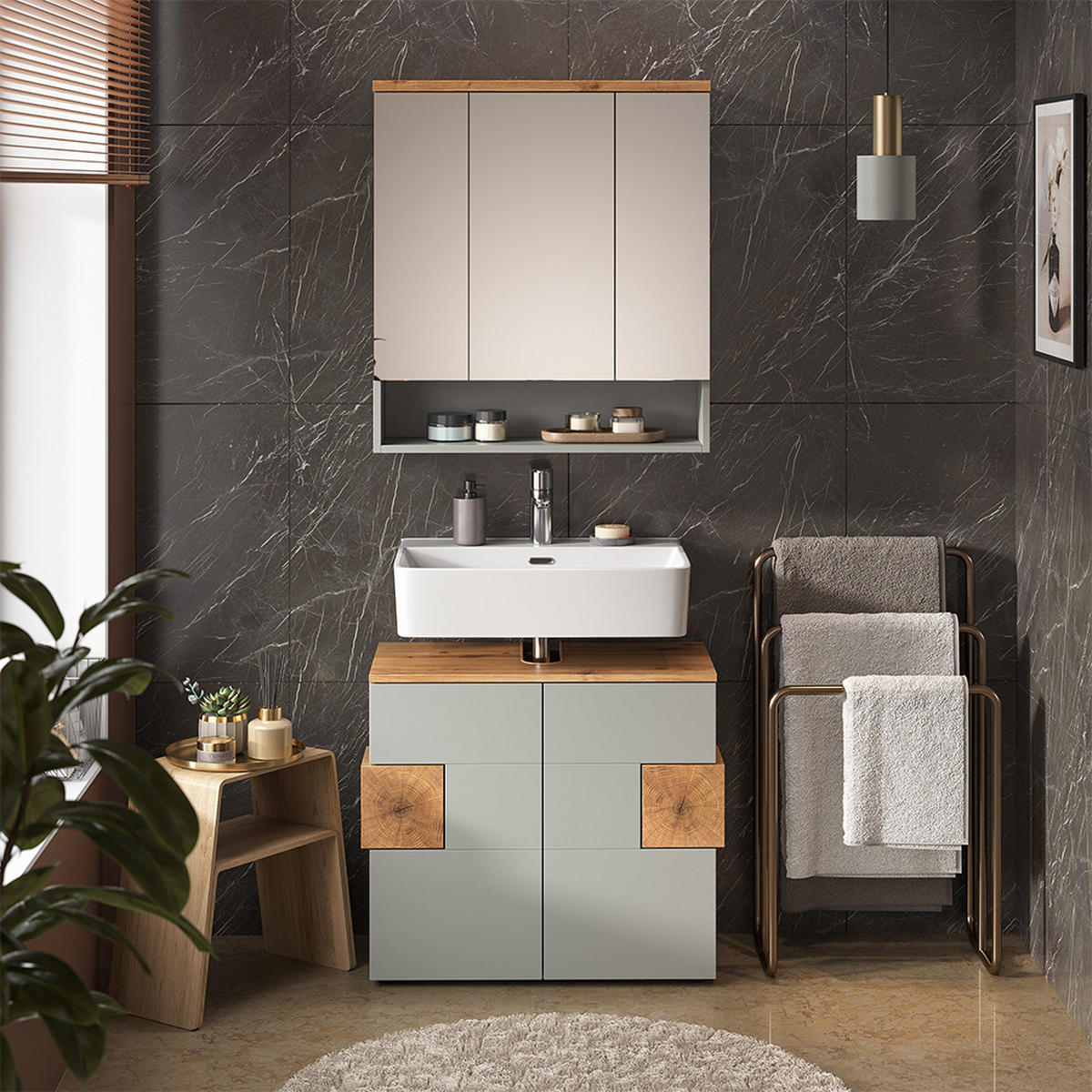 BADMÖBEL-SET Eden Grau 2 Teile - Hellgrau/Grau, Holzwerkstoff (73.1/64/37cm) - Vicco