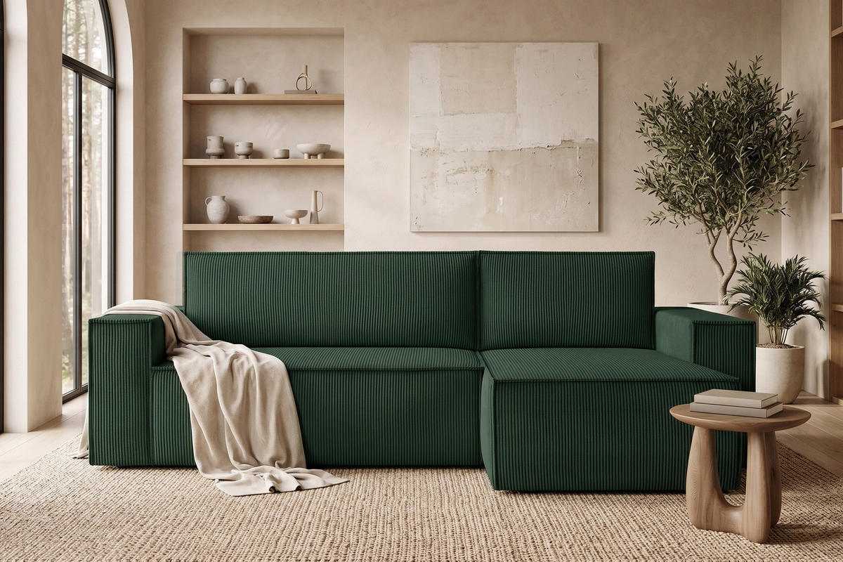 ECKSCHLAFSOFA NAPI Universal Links Rechts mit Bettkasten, Cord-Stoff, dunkelgrün - Dunkelgrün/Schwarz, Textil (262/148cm) - KONSIMO®