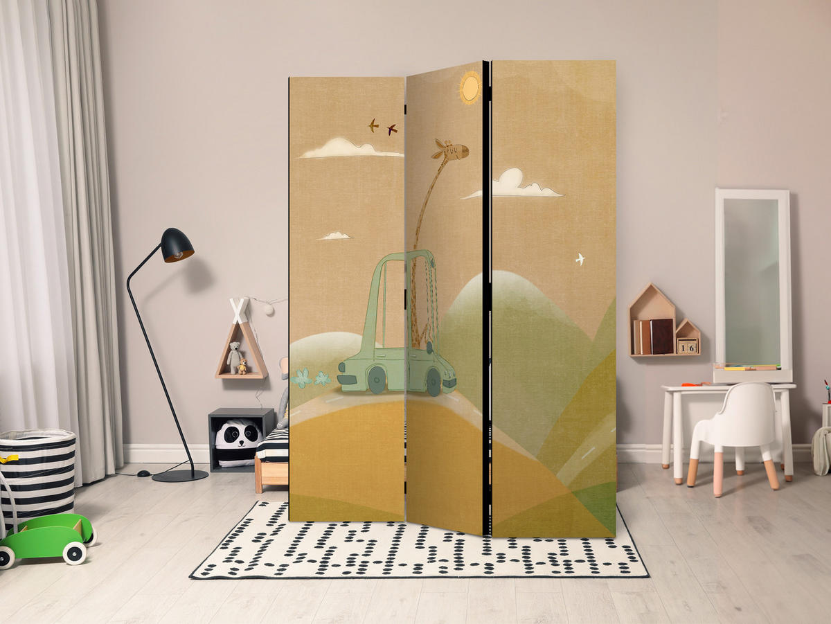 PARAVENT Einseitig Bedruckter 3-tlg 135x172 cm Giraffe Berge f r Kinder - Beige, Holz/Textil (135/172/3cm) - Muralo