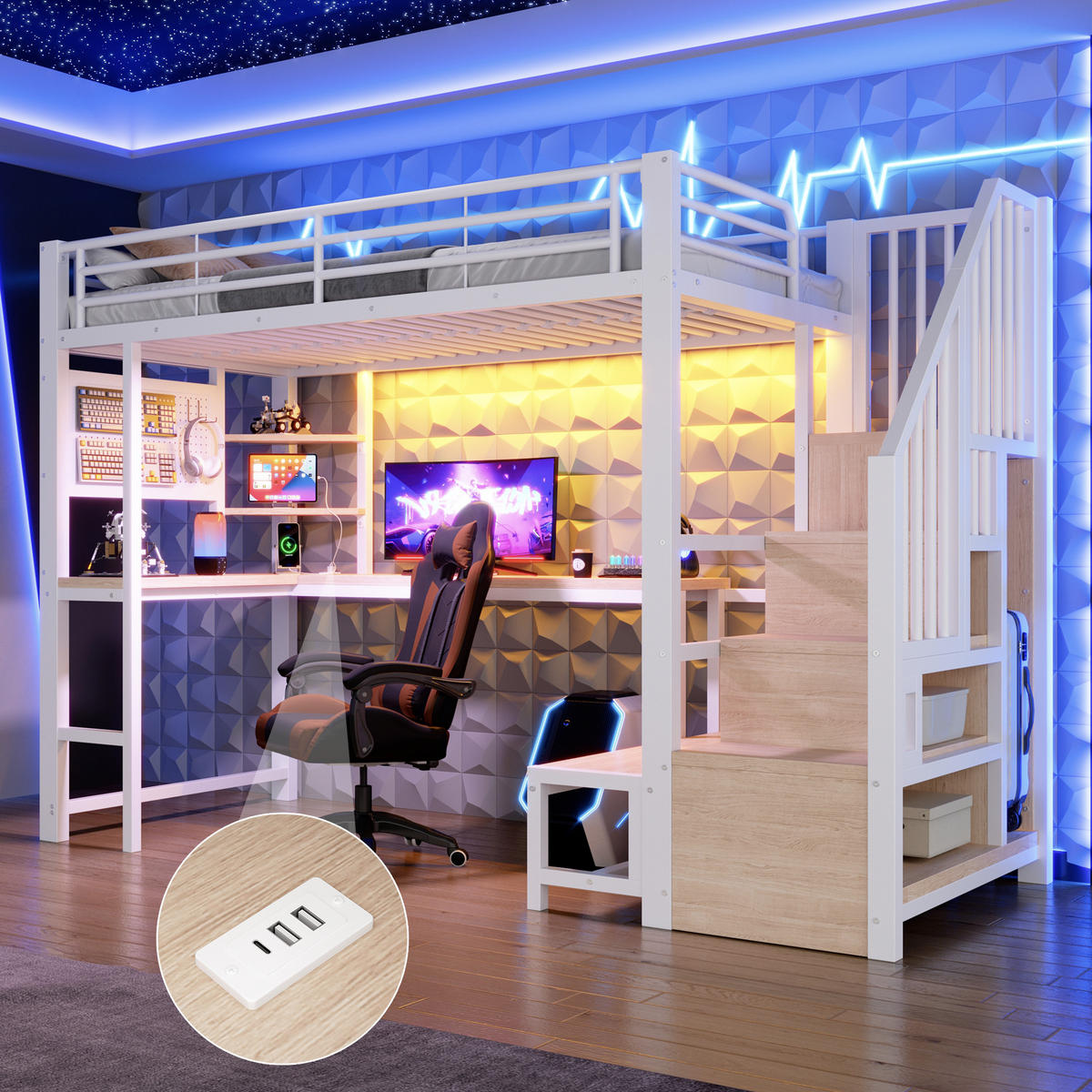 HOCHBETT 90/200 cm Weiß mit Schreibtisch, trapezförmiger Schrank und LED-Beleuchtung - Weiß, Metall (90/200cm) - Oxeza