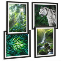BILDER SET 4er Set - 50x50 cm & 40x60 cm Schwarzer Rahmen - Dschungel-Weißtiger-Wasserfall - Schwarz, Kunststoff (50/50cm) - TULUP