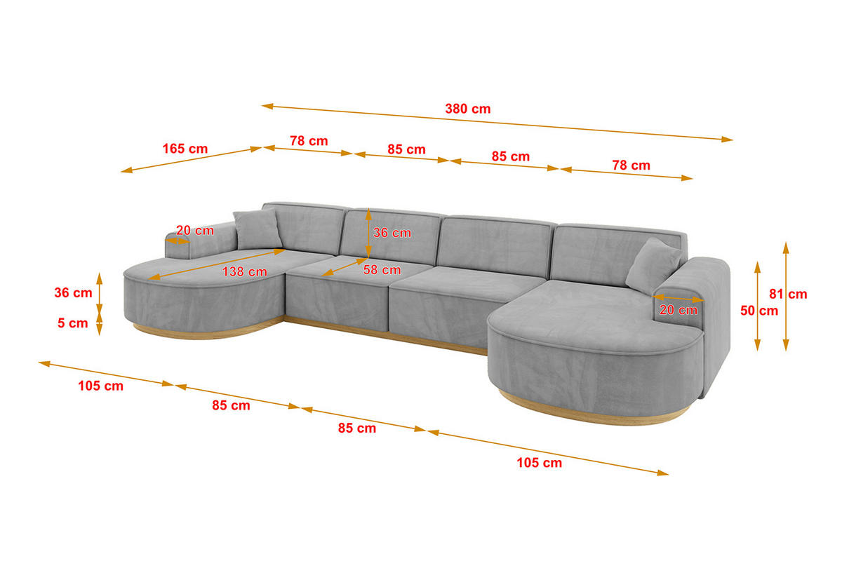 WOHNLANDSCHAFT MARI-U2-v2 - 388x171x83 cm Grau Velours - Grau, Holzwerkstoff/Textil (388/83/171cm) - ALTDECOR