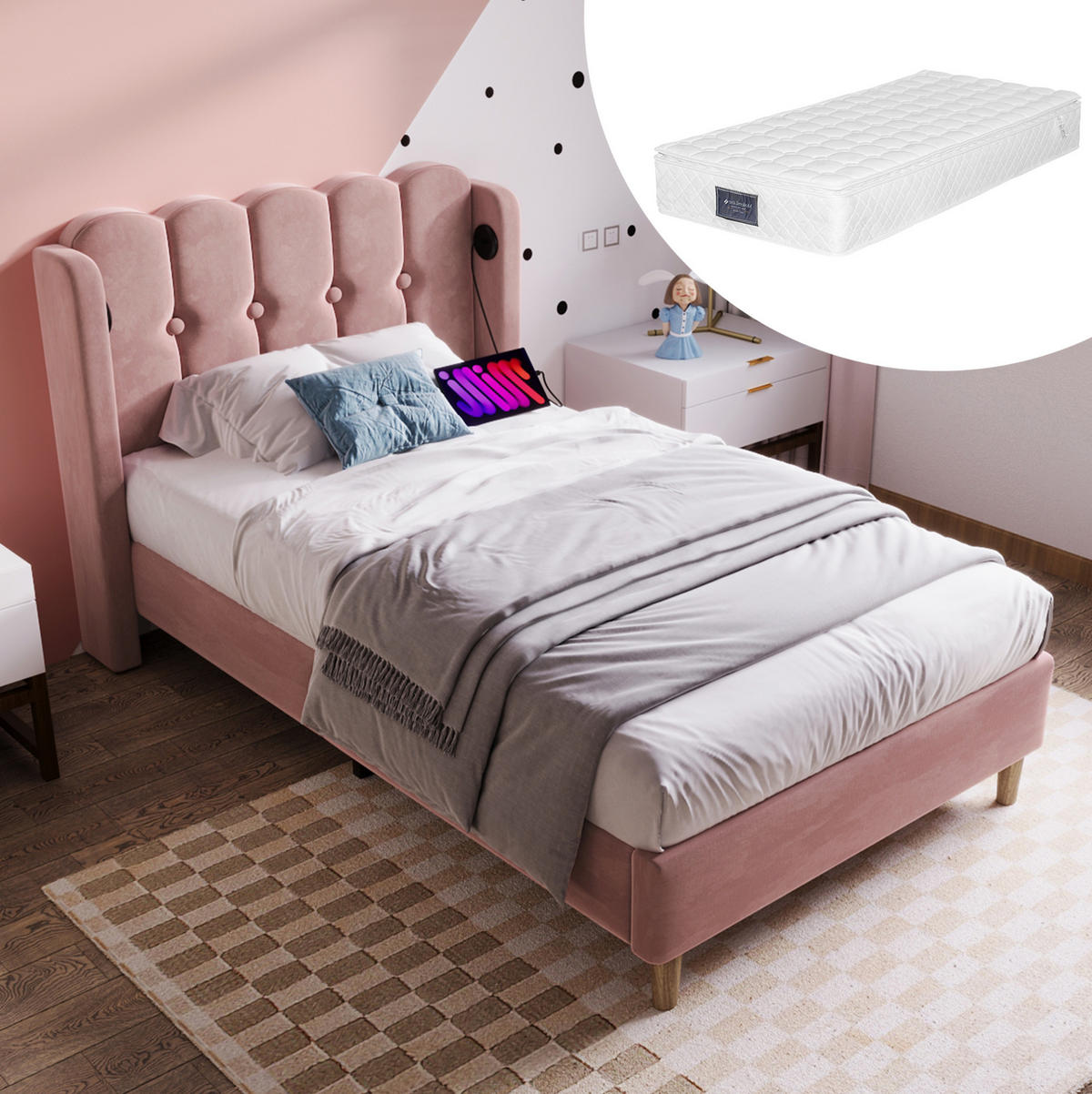 POLSTERBETT 90/200 cm aus Samt mit USB-C-Ladefunktion und Matratze Rosa - Rosa, Textil (90/200cm) - Modenvie