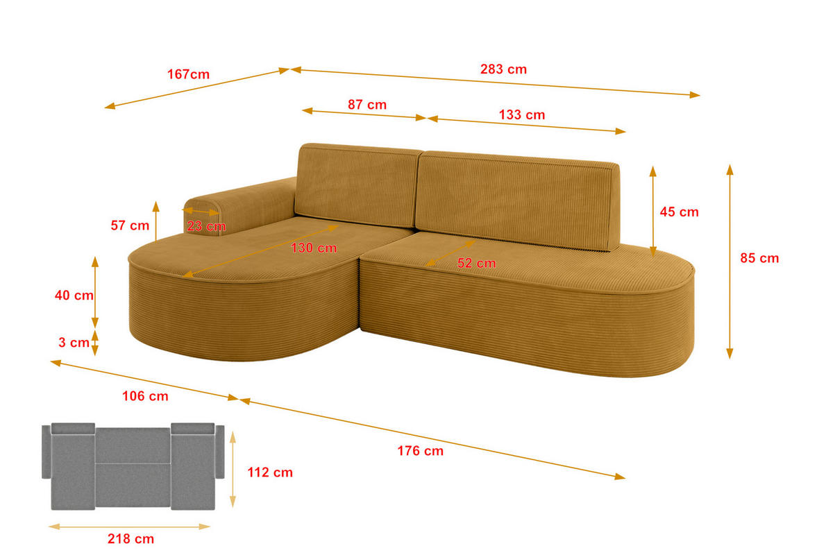 ECKSOFA mit Schlaffunktion und Bettkasten Ottomane Links MARI-L1-S - 283x167x85 cm Grün Cord - Waldgrün/Schwarz, Holzwerkstoff/Kunststoff (283/167cm) - ALTDECOR