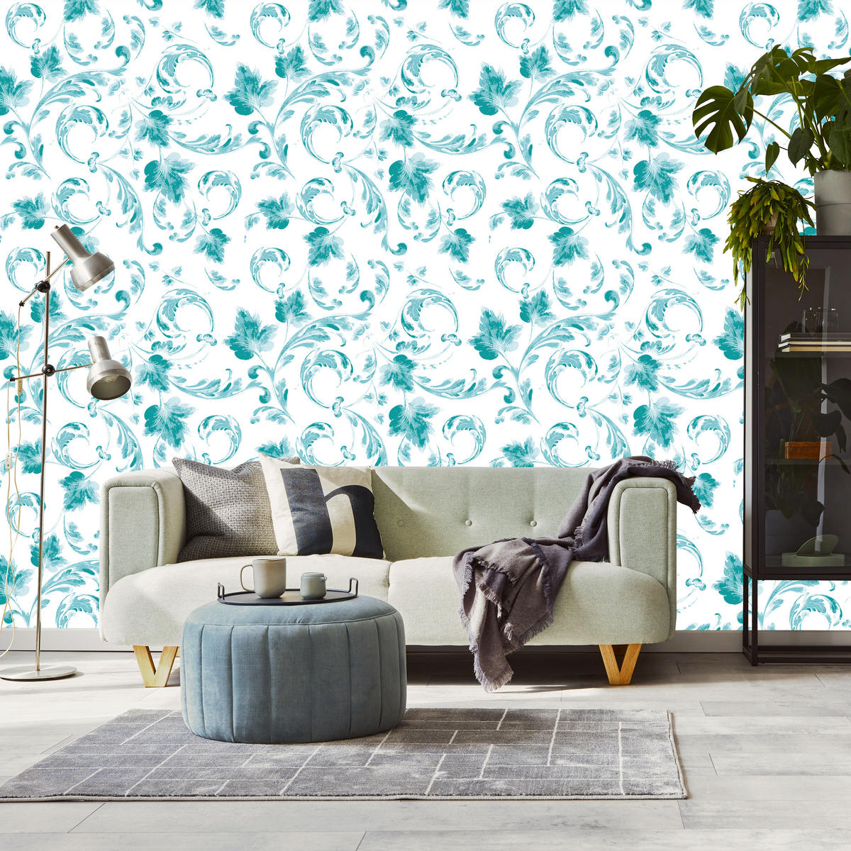 VLIESTAPETE Klassische Blätterornamente – Türkis, Weiß – 50x1000 cm - Türkis/Weiß, Papier (50/1000cm) - Muralo