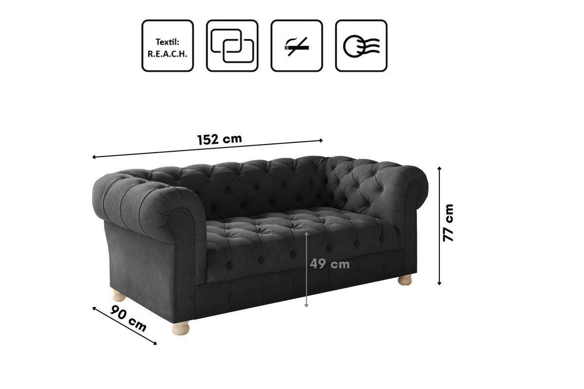 SOFA 2-Sitzer CHESTERFIELD Elegant Klassisch Schick Stoff Whisper Velours Graphit - Graphitfarben, Holz/Textil (152/77/90cm) - Kaiser Möbel