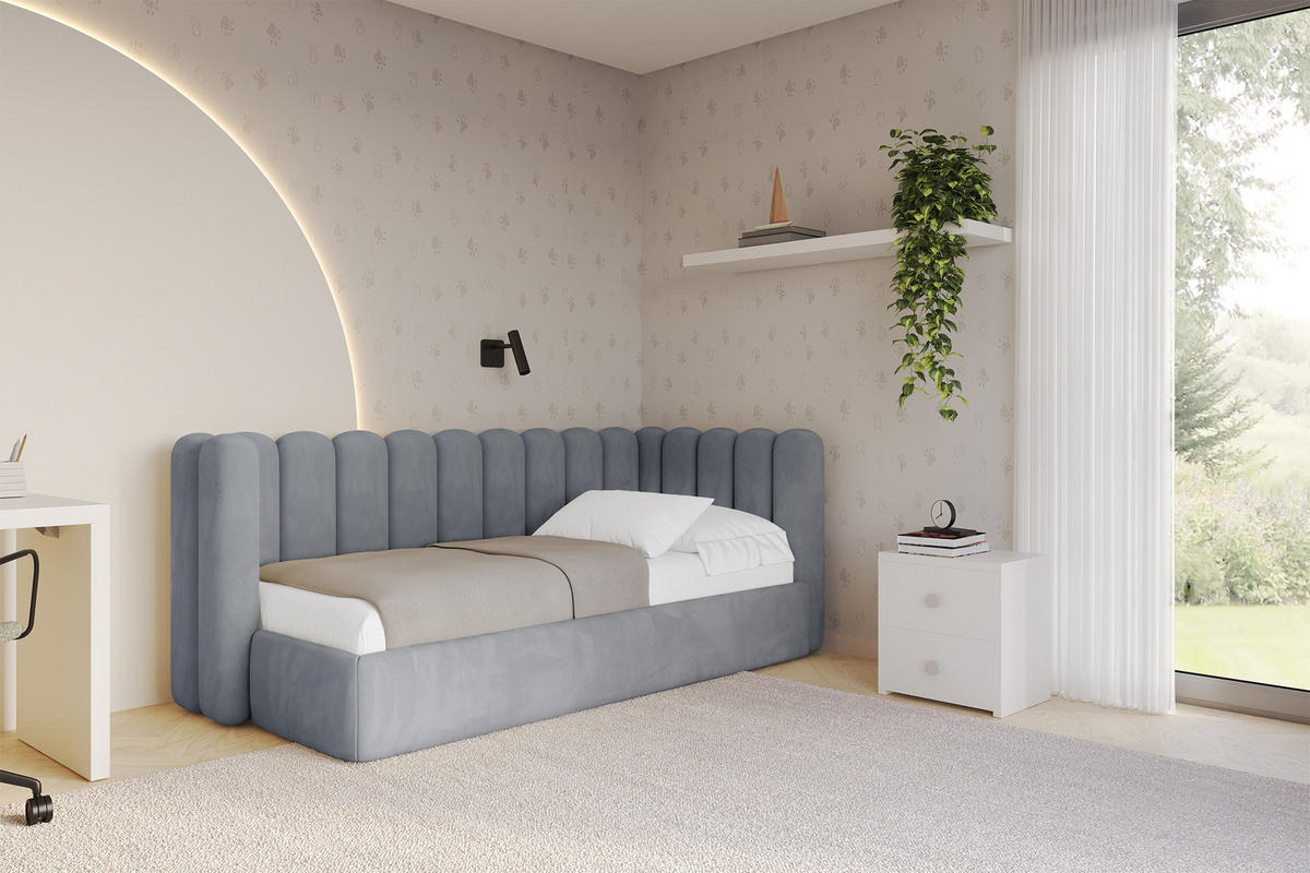 EINZELLBETT Jugendbett mit Bettkasten und Matratze H3/H4, Links - HUGY 100x200 Grau - Grau, Holzwerkstoff/Textil (100/200cm) - ALTDECOR