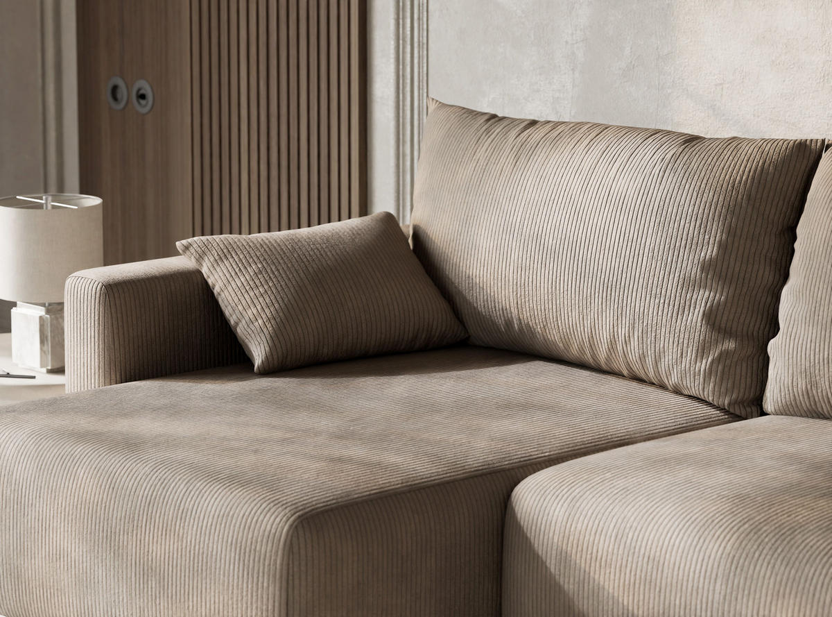 ECKSOFA MIT SCHLAFFUNKTION Leon Beige Samtstoff - Beige/Schwarz, Holz/Holzwerkstoff (148/239cm) - Maison de Reve