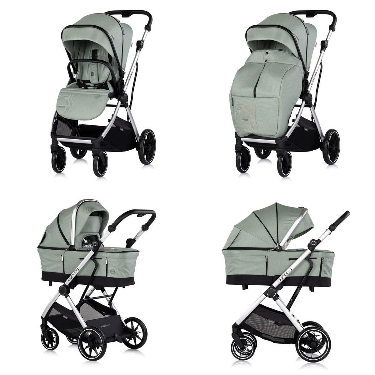 KOMBIKINDERWAGEN Aurora 3 in 1 grün EVA-Material, Aluminium, 3-Punkt-Gurt, Babywanne, Babyschale - Grün, Metall (84/57/112cm) - Chipolino