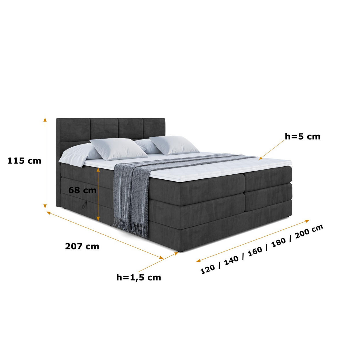 BOXSPRINGBETT ARDENI KING - 160x200 - H3/H4 - Schwarz - Schwarz, Holzwerkstoff (160/200cm) - ALTDECOR