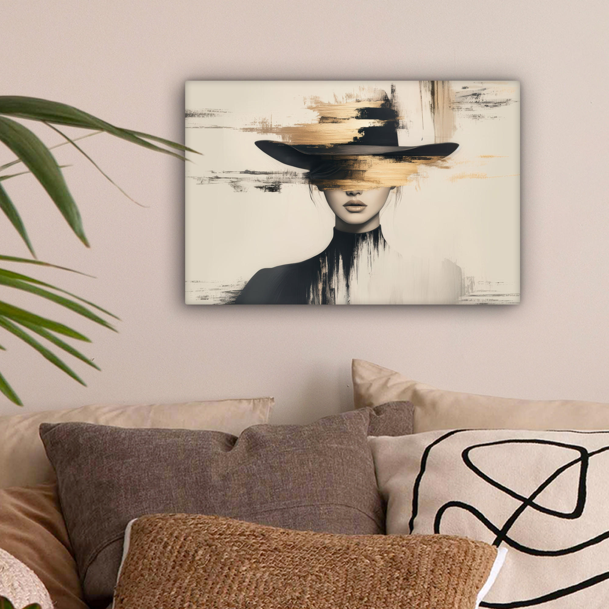 LEINWANDBILD Frau - Hut - Farbe 30x20 cm - Goldfarben, Textil (30/20cm) - MuchoWow