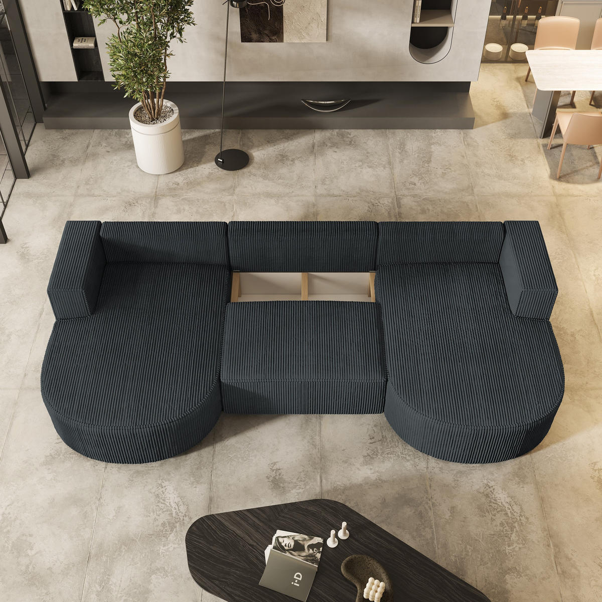 WOHNLANDSCHAFT VEZZO P Graphitfarben Kordstoff mit Schlaffunktion - Graphitfarben, Holz (347/85/174cm) - MASSENO