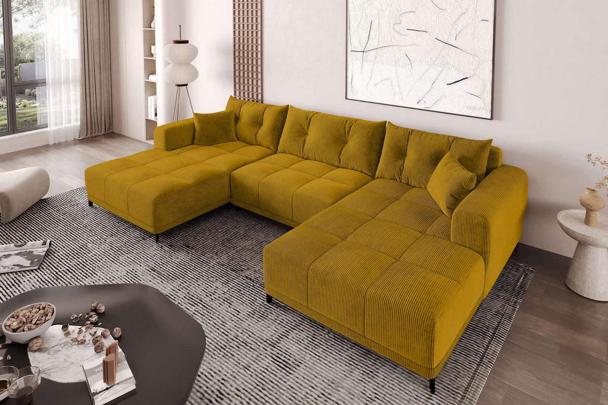 WOHNLANDSCHAFT Massimo Cordstoff Goldfarben inkl. Schlaffunktion - Goldfarben/Schwarz, Textil/Metall (356/94/181cm) - 99rooms