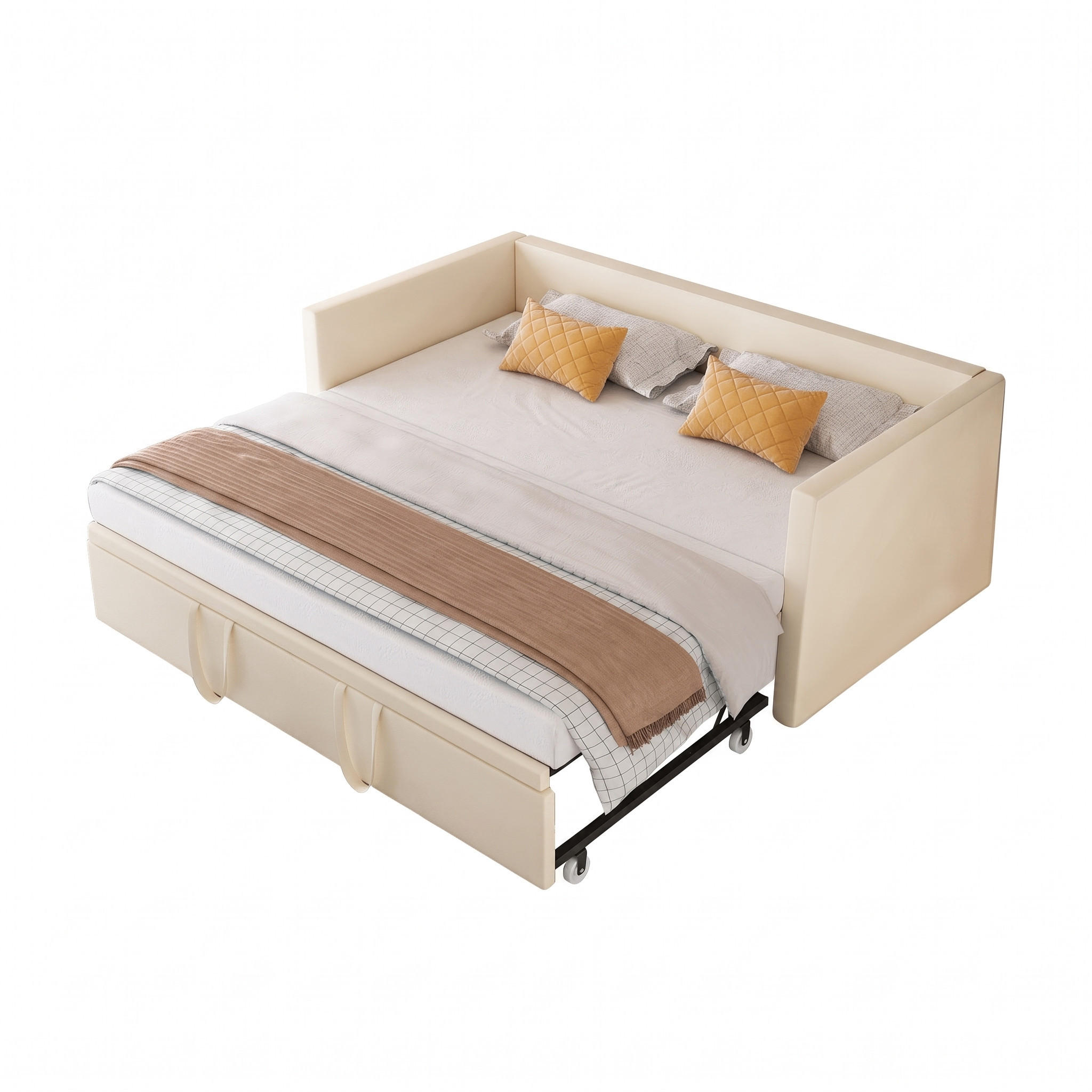 SCHLAFSOFA Samt creme ausziehbar mit Gästebett Funktion 3-fach umwandelbar Tagesbett mit Rollen - Beige, Metall (183/74/213cm) - Joyfair