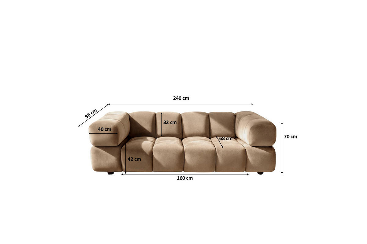 SOFA 3-Sitzer, Couch, Veloursstoff Bluvel, Latte, Averro - Hellbraun, Holz (240/70/96cm) - Kaiser Möbel
