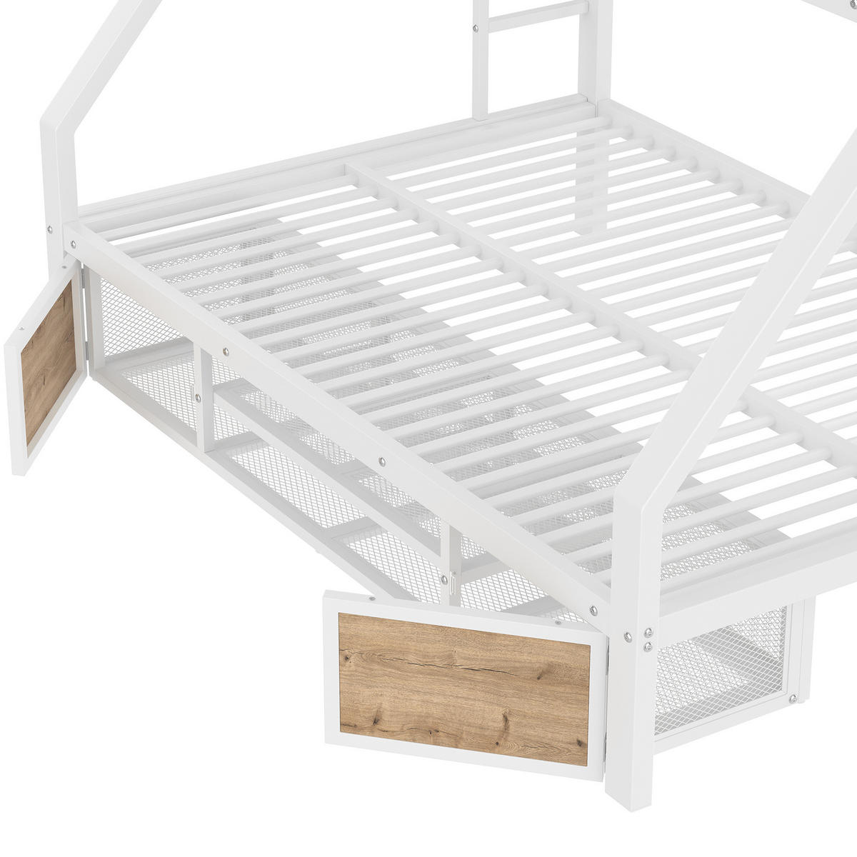 ETAGENBETT aus Metall und MDF 140x200 cm Weiß mit Schuhschrank, Staufächern und Leiter - Weiß, Metall (140/200cm) - Modfu