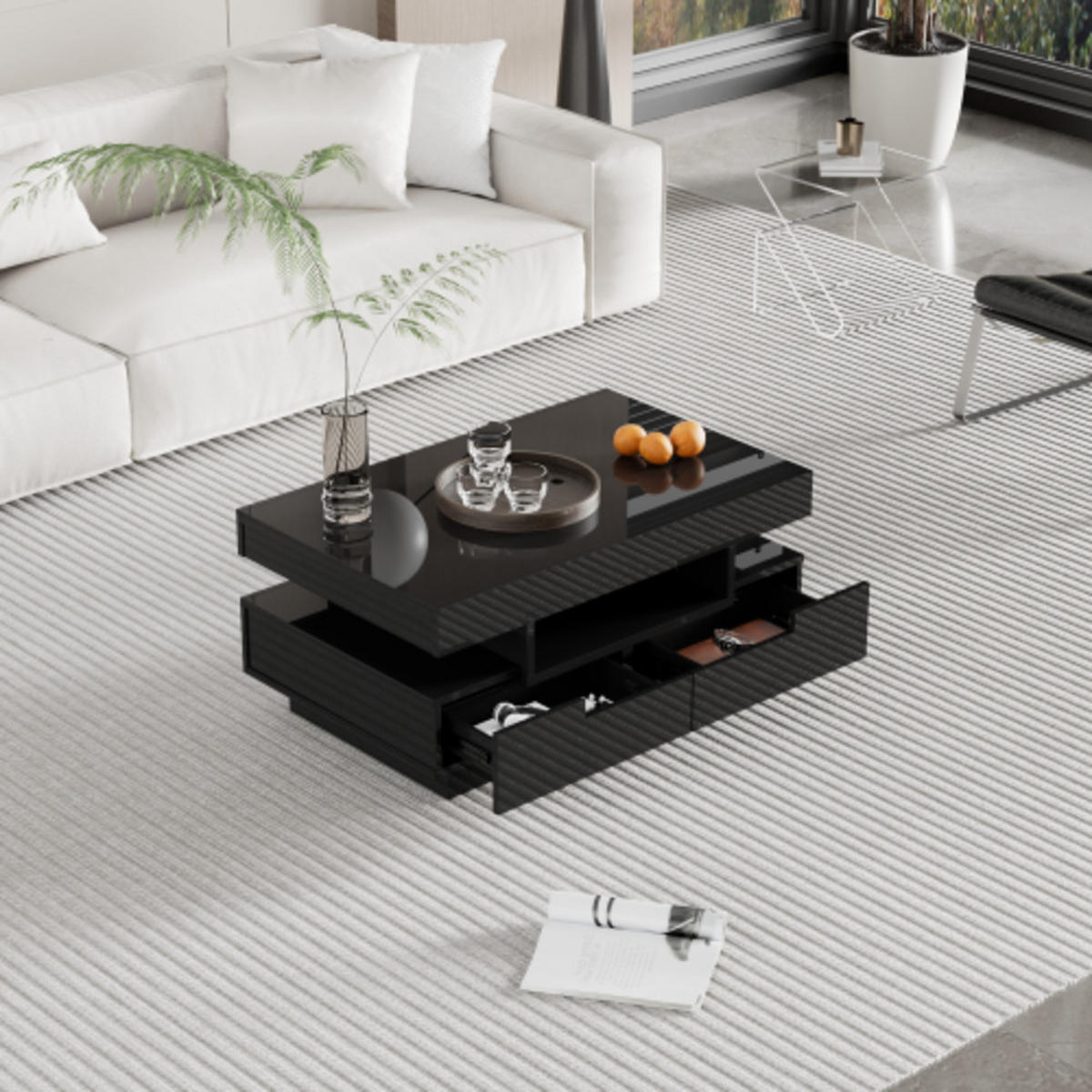 COUCHTISCH Schwarz aus Spanplatte mit Hochglanzoberfläche und integrierter LED-Beleuchtung 80×50×36 cm - Schwarz, Holzwerkstoff (50/80/36cm) - Luhomfu