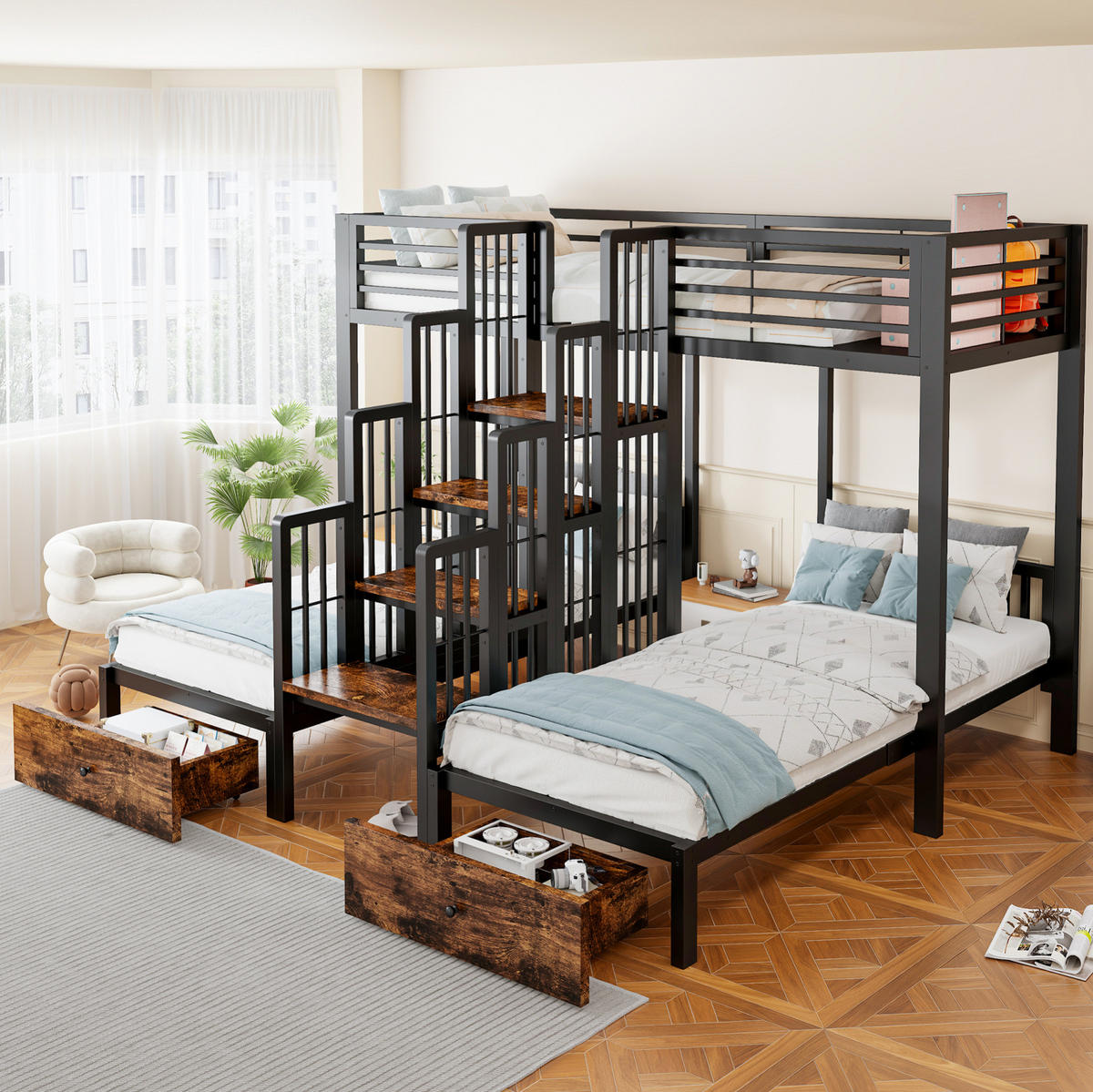 ETAGENBETT aus Metall und Holz 90x200 cm Schwarz mit Treppe, Sicherheitsgeländern und 2 Schubladen - Schwarz, Metall (90/200cm) - Modfu