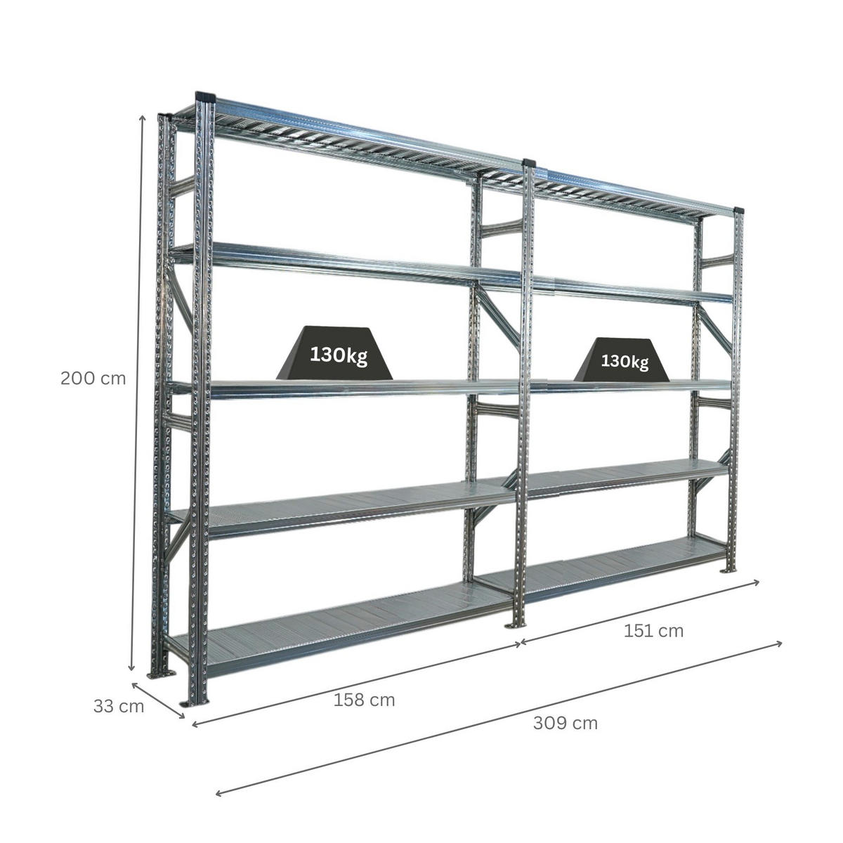 FACHBODENREGAL Proximo Stecksystem 200x300x32cm 5 Ebenen Fachlast 130 kg Beidseitig nutzbar Verzinkt - Silberfarben, Metall (300/200/32cm) - PROREGAL