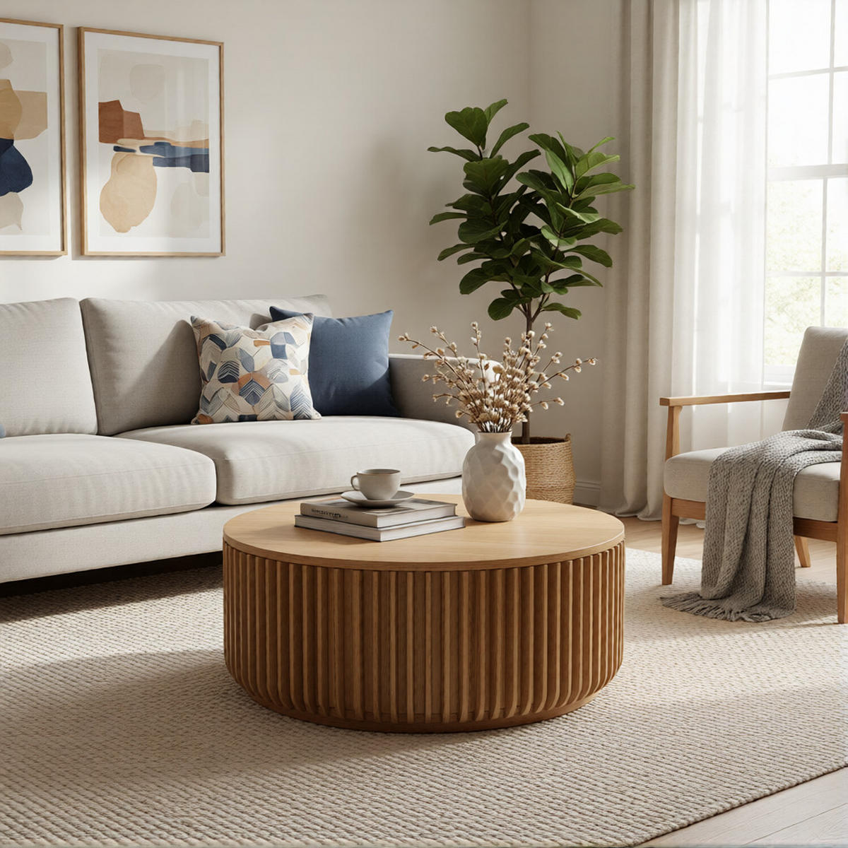 COUCHTISCH Franz, Natur Massiveiche, Ø90 cm - Beige, Holz (90/90/40cm) - WOODEK