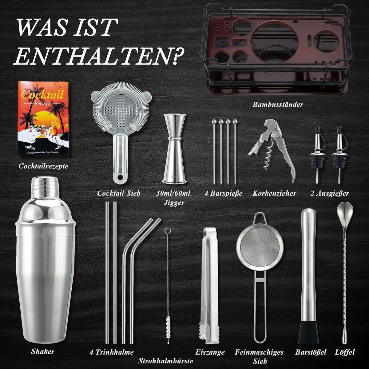 COCKTAIL Shaker Set 20-teilig Edelstahl 750 ml mit Ständer - Silberfarben, Metall (25/15/30cm)