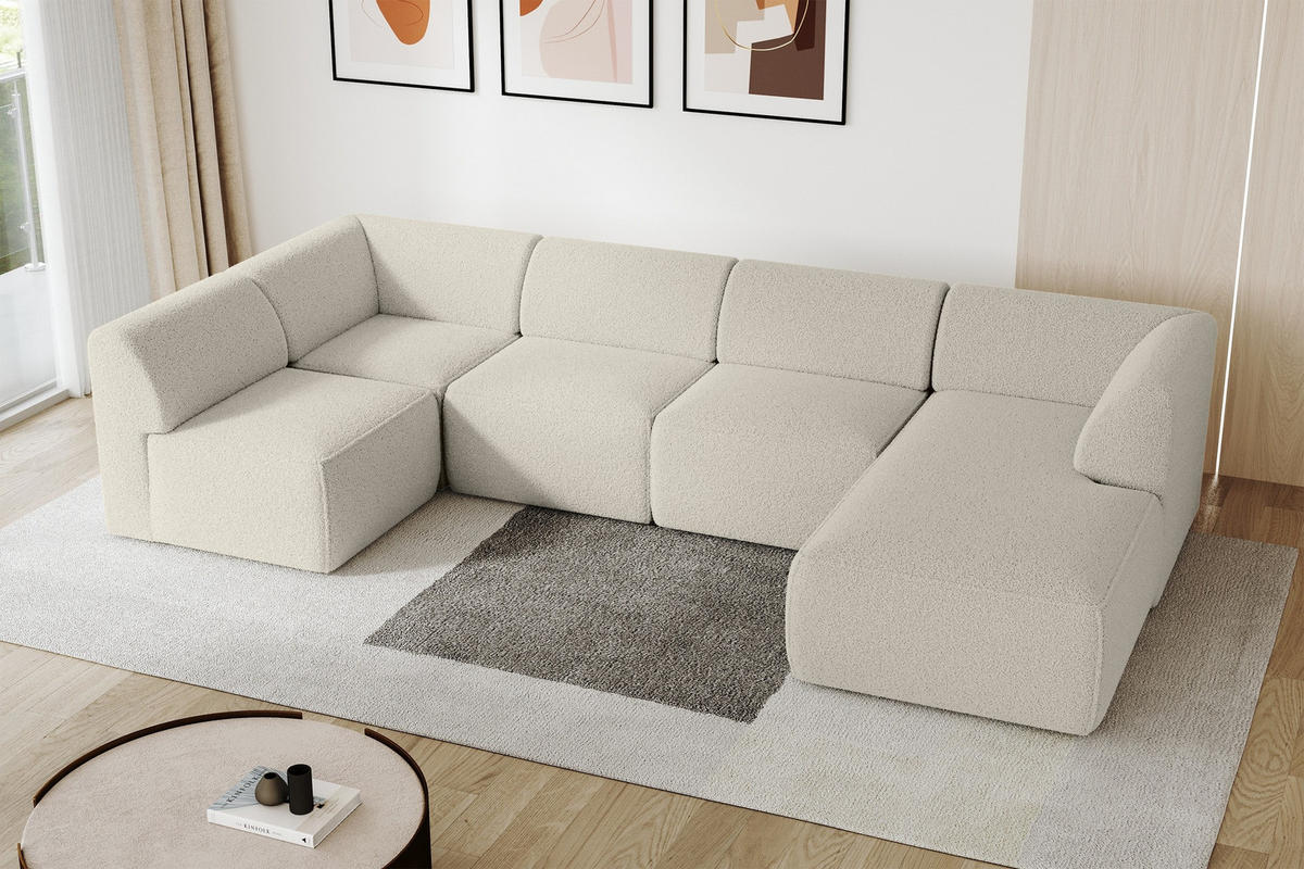 WOHNLANDSCHAFT Ottomane Rechts MOVO-L 345x180x78 cm Beige Bouclé - Sandfarben/Beige, Holzwerkstoff/Kunststoff (345/78/180cm) - ALTDECOR