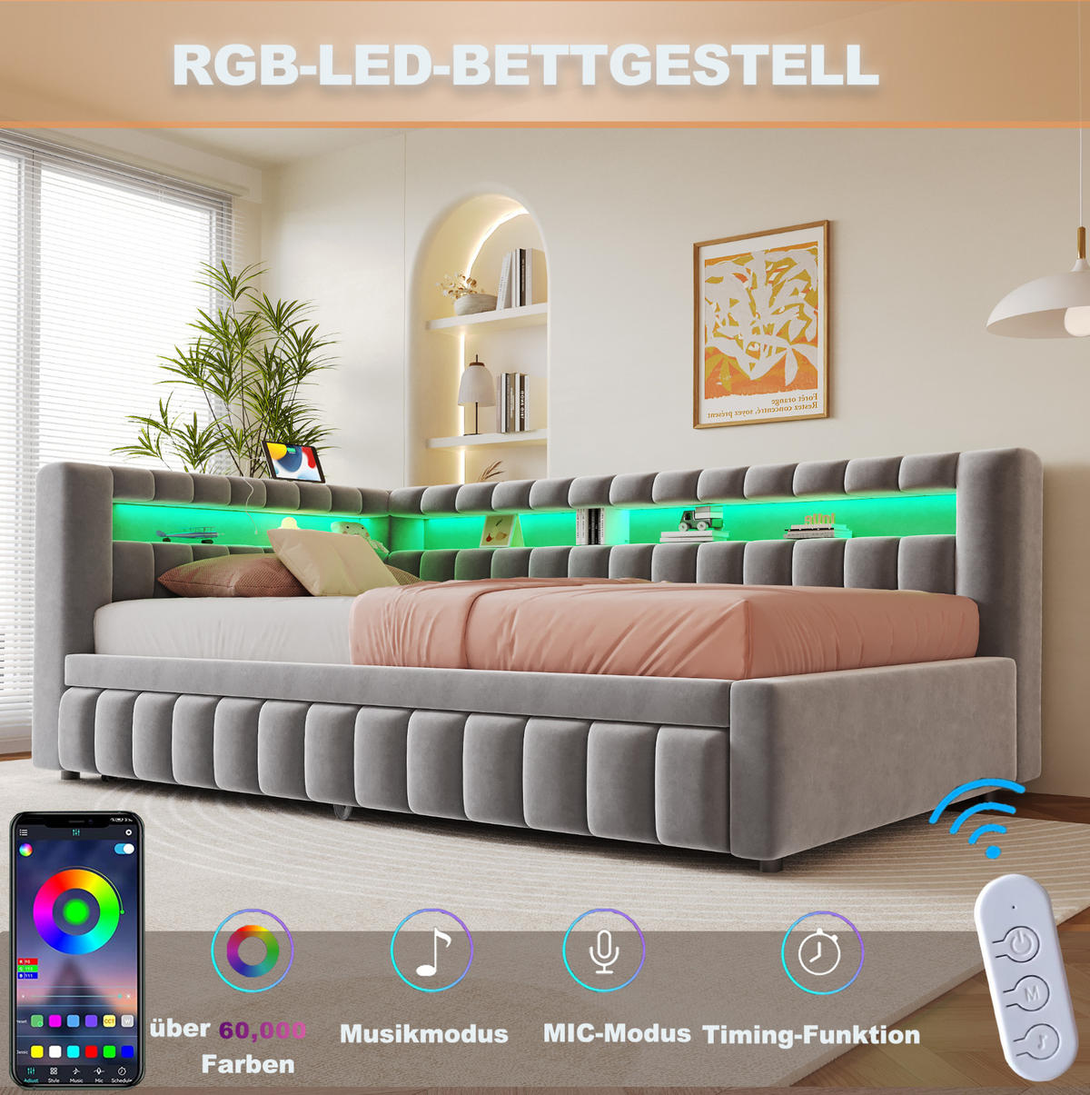 ČALOUNĚNÁ rozkládací postel 90/200 cm s LED osvětlením, USB a úložnými policemi, Světle šedá - světle šedá, textil (90/200cm) - Redom