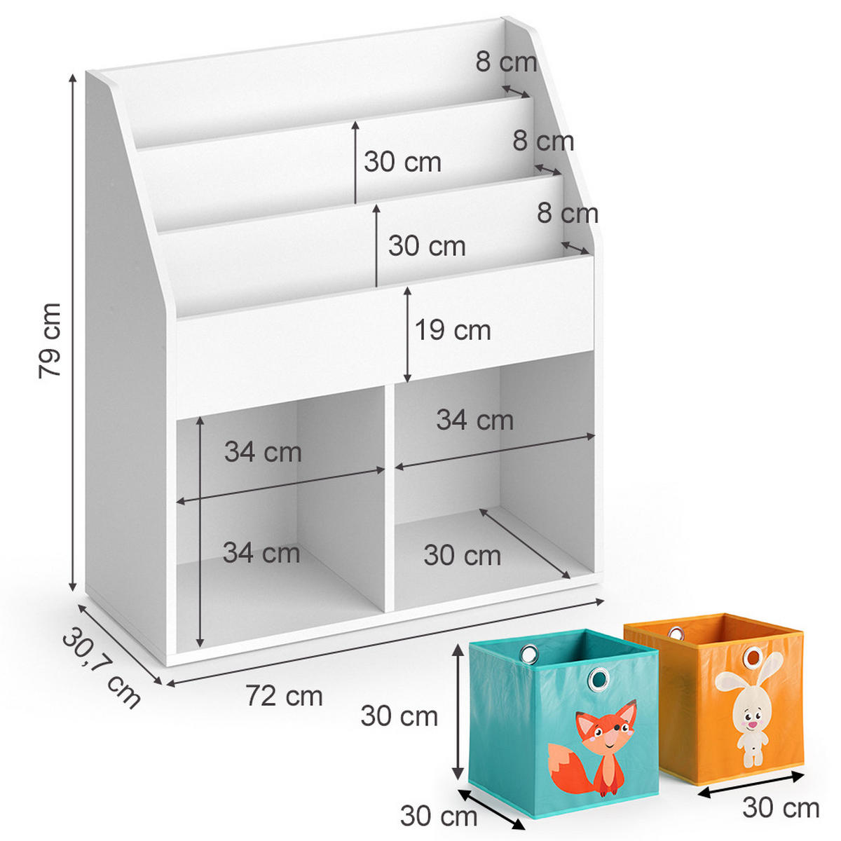 KINDERREGAL Luigi Weiß 72 x 79 cm mit 2 Faltboxen opt.1 - Weiß, Holzwerkstoff (72/79/30.7cm) - Vicco