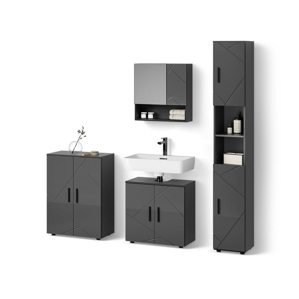 BADMÖBEL-SET Ronco Anthrazit Hochglanz 4 Teile, mit Hochschrank und Kommode - Schwarz Hochglanz/Anthrazit, Holzwerkstoff (60/192/30cm) - Livinity®