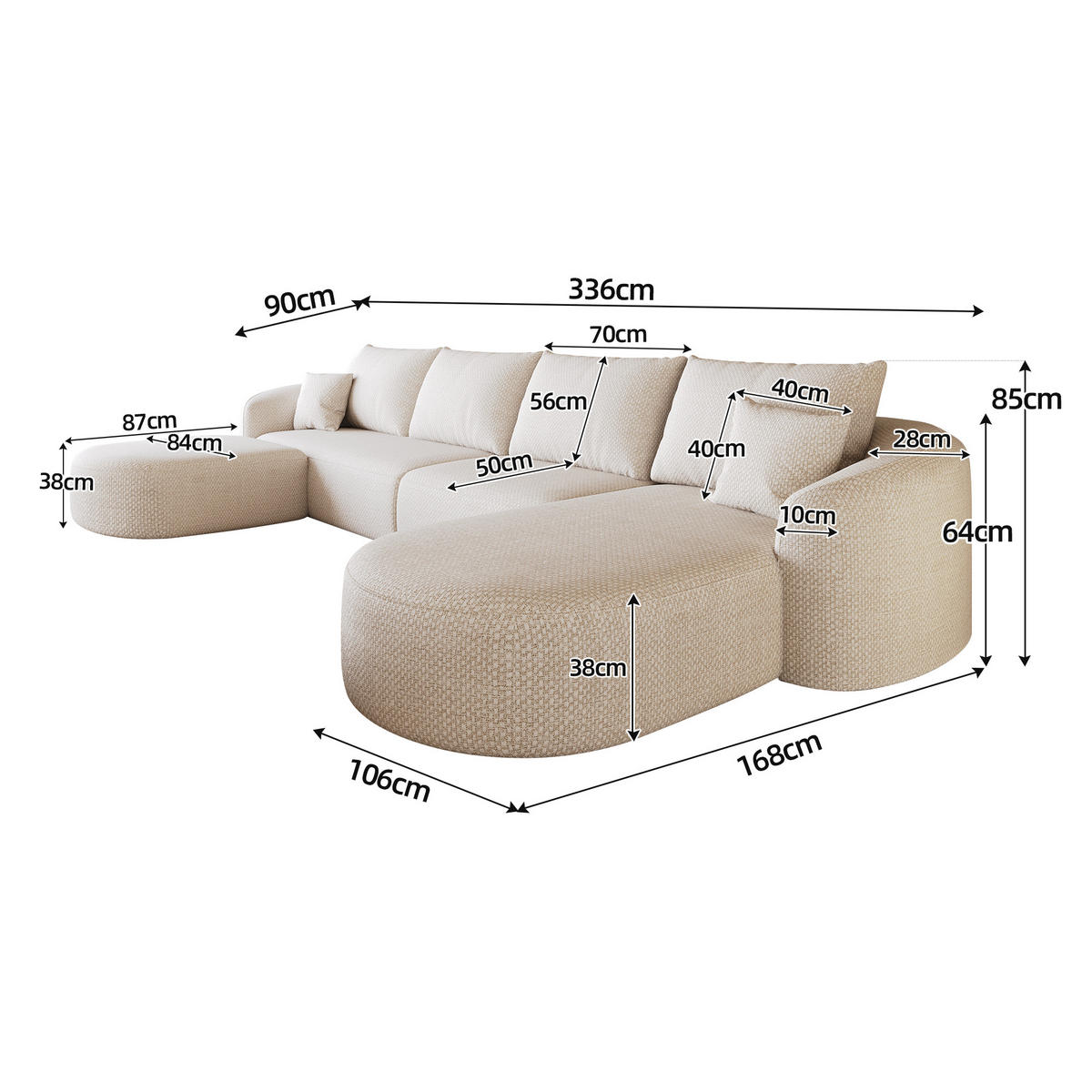 WOHNLANDSCHAFT DE-34817 U-Form 3-Sitzer Chaiselongue rechts Weiß - Weiß, Textil (168/85/336cm) - ComfortXL