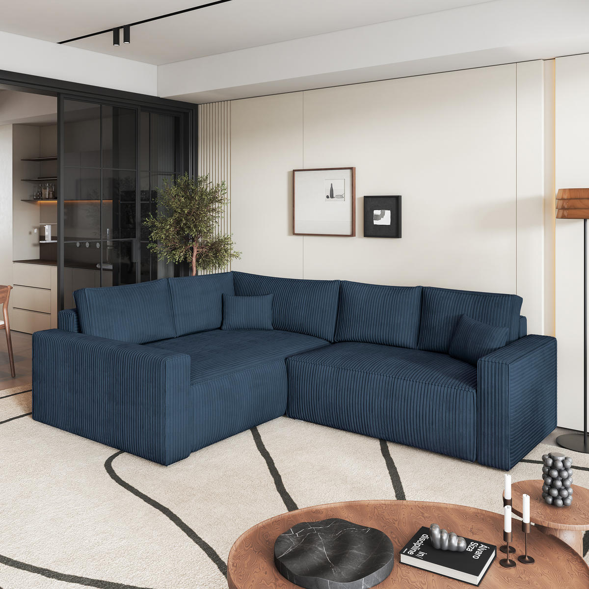 ECKSOFA ERONIS L-S Blau Kordstoff mit Schlaffunktion - Blau, Holz (265/194cm) - MASSENO