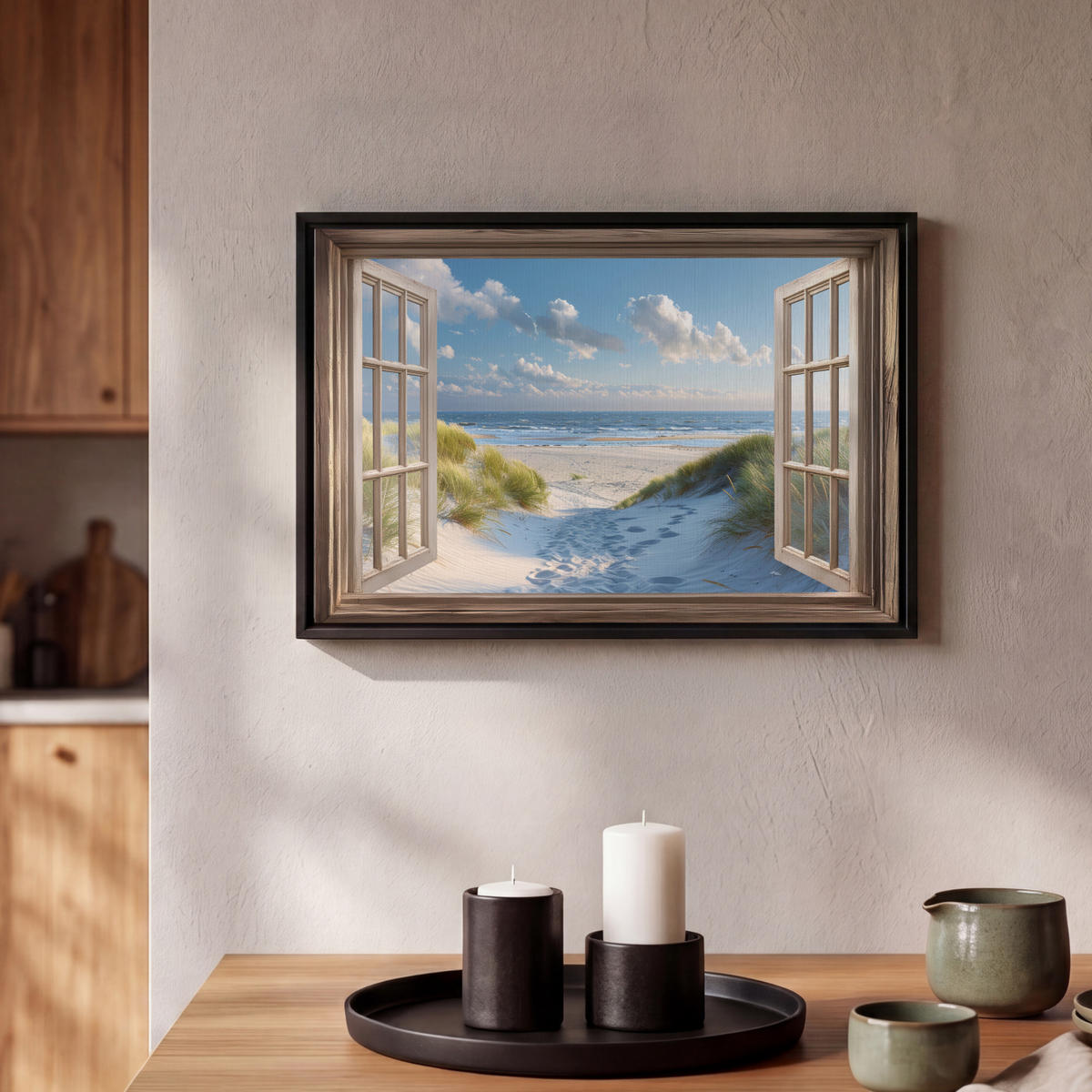 LEINWAND Bilder mit Rahmen - Aussicht - Strand - Fenster - Dünen - Meer - 30x20 - Hellblau, Textil (30/20cm) - MuchoWow