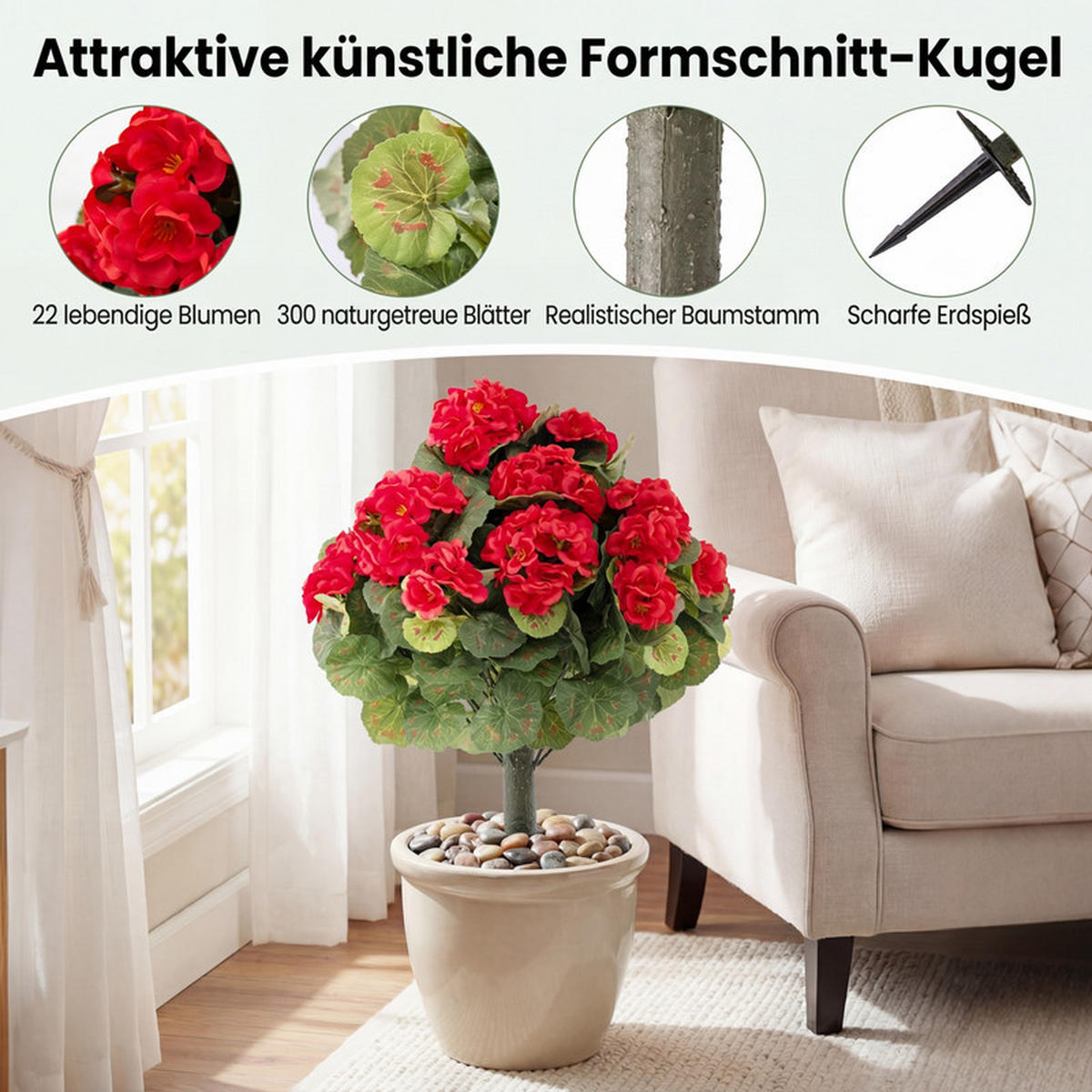 KÜNSTLICHE GERANIEN hochrealistisch rot(2er-Set) - Rot, Kunststoff (57cm) - COSTWAY