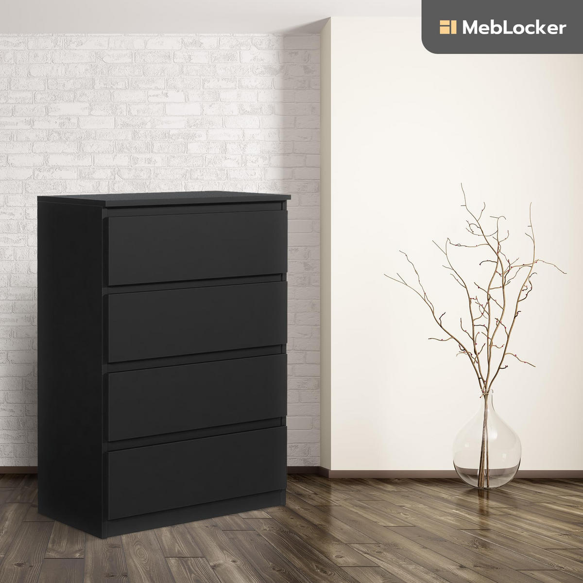 KOMMODE mit 4 Schubladen Schwarz - Schwarz, Holzwerkstoff (102/70/39cm) - MebLocker