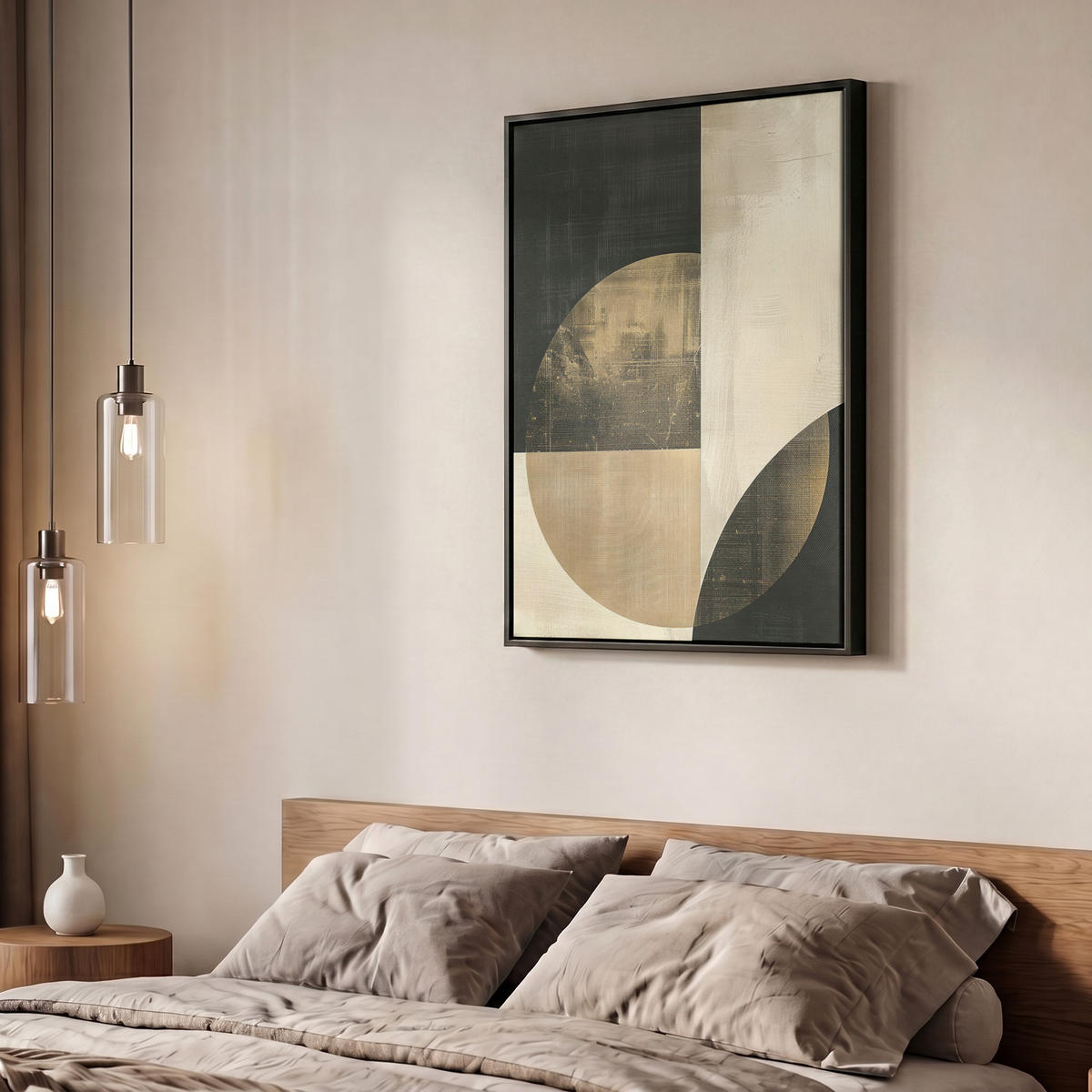 LEINWAND Bilder mit Rahmen - Abstrakt - Geometrische Formen - Schwarz - Gold - 50x70 - Ecru, Textil (50/70cm) - MuchoWow