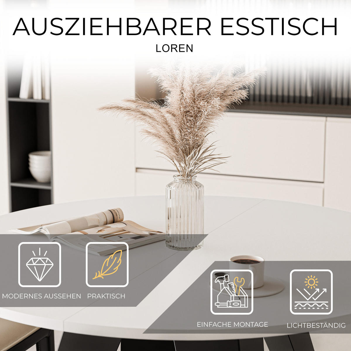 ESSTISCH ausziehbar auf MDF, Weiß - Schwarz/Weiß, Holzwerkstoff (100/100/76cm) - Idohome